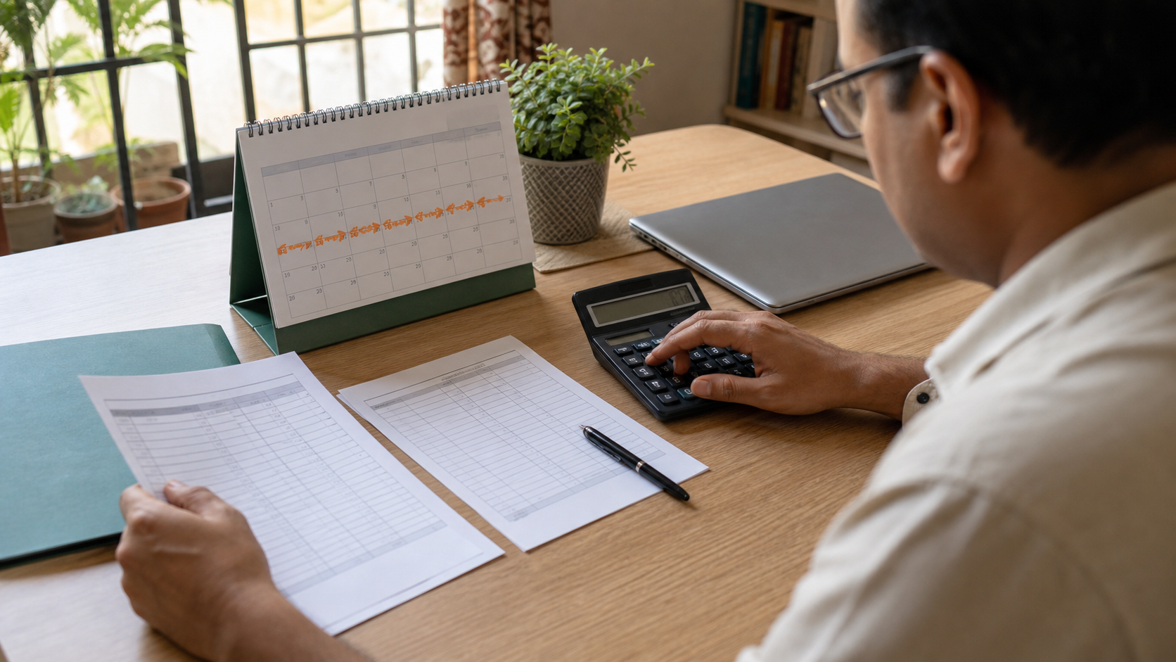 Indian government employee calculating a possible salary difference beside a calendar